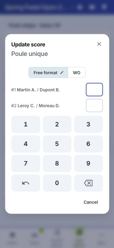 Entering a score on a phone: a big-digit keypad and the match's two pairs