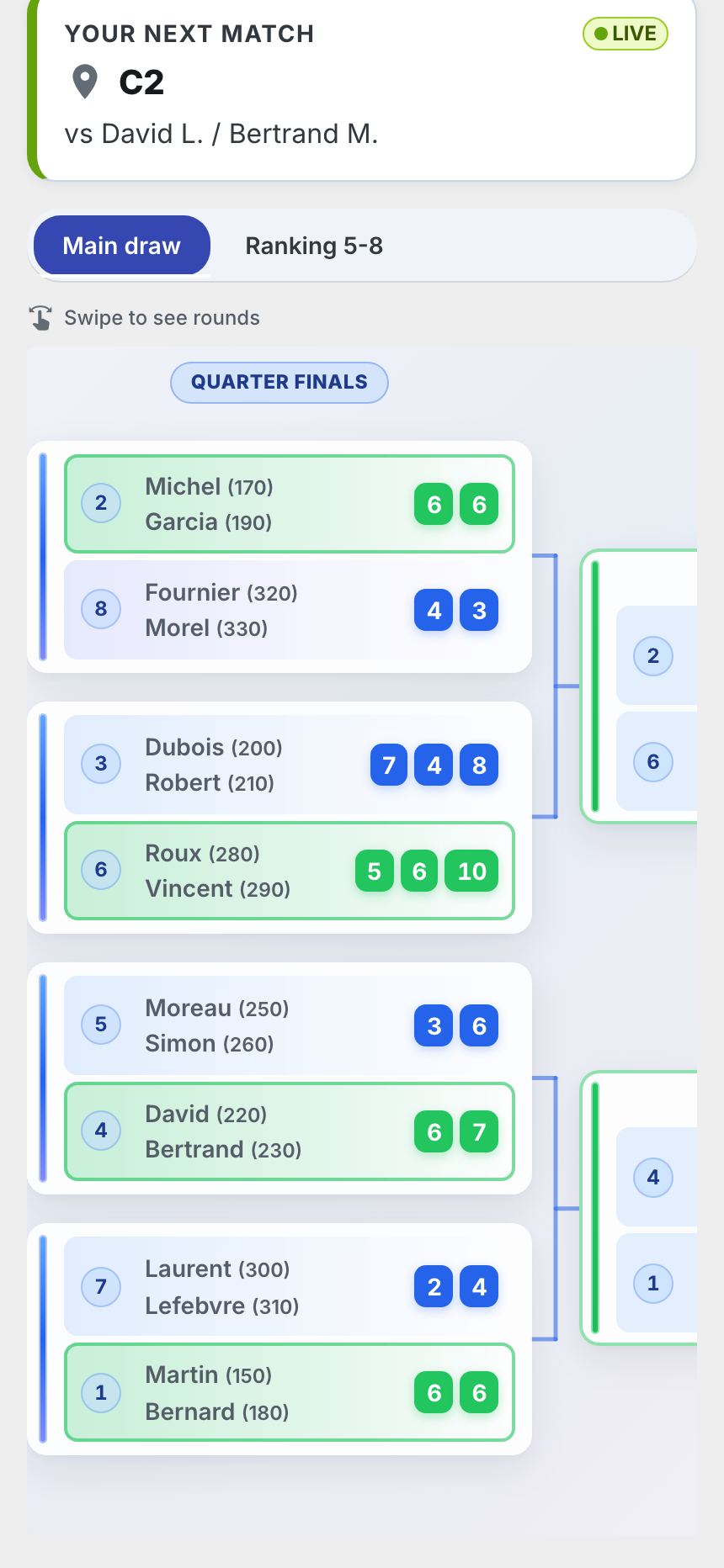 A tournament's public page on a phone, draws tab