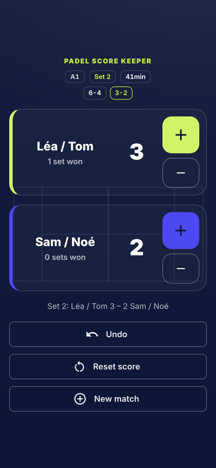 Padel score keeper full screen on a phone, mid-match: 6-4 then 3-2 in the second set between Léa / Tom and Sam / Noé