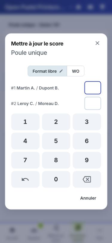 Saisie du score sur téléphone : clavier à gros chiffres et les deux paires du match