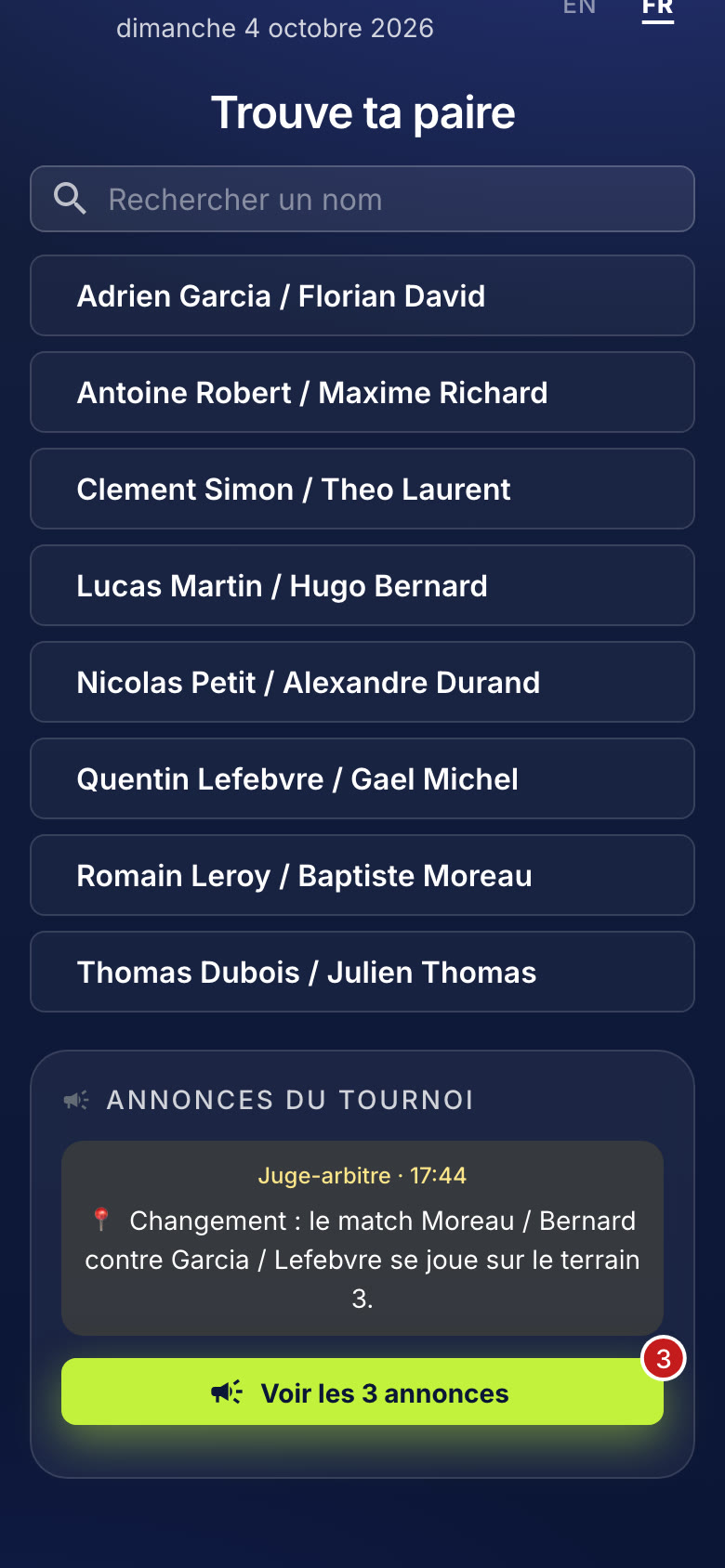 Player space on a phone: list of pairs and the referee's latest announcement