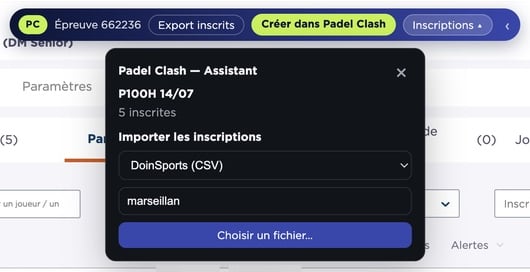 L'Assistant Moja dans Moja : export des inscrits, création du tournoi dans Padel Clash et import des inscriptions