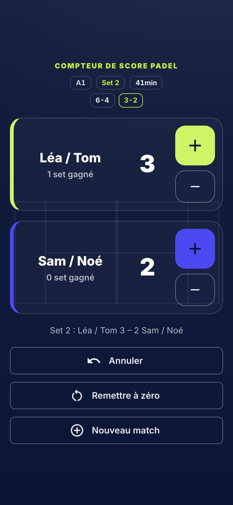 Compteur de score padel en plein écran sur un téléphone, en cours de match : 6-4 puis 3-2 dans le deuxième set entre Léa / Tom et Sam / Noé