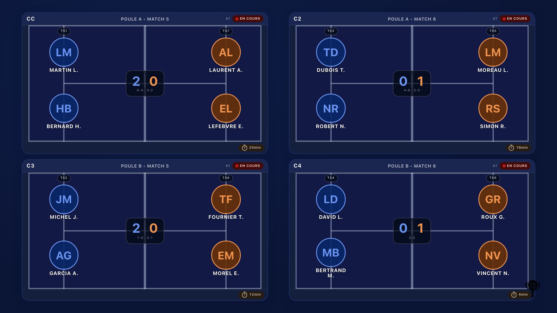 Mode TV de Padel Clash : quatre matchs en direct avec les scores par set sur grand écran