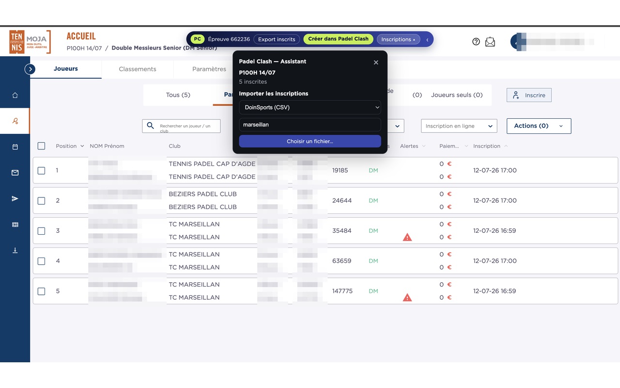 The Moja Assistant extension shown on a moja.fft.fr event, with the registrations import panel open